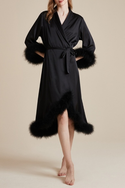 Wedding Pajama Robe Black V Neck Feather Satin Robes Gown