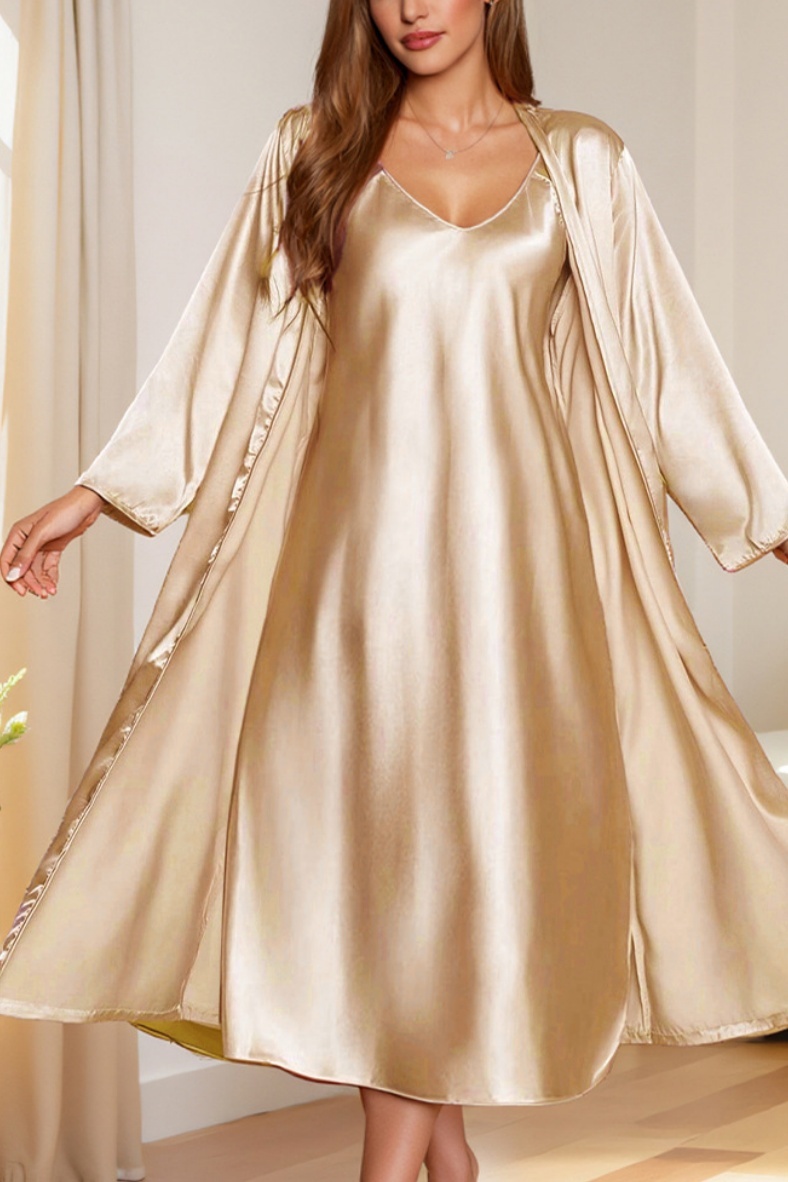 Bridesmaid Pajama Set Robe Champagne V Neck Satin Two Piece