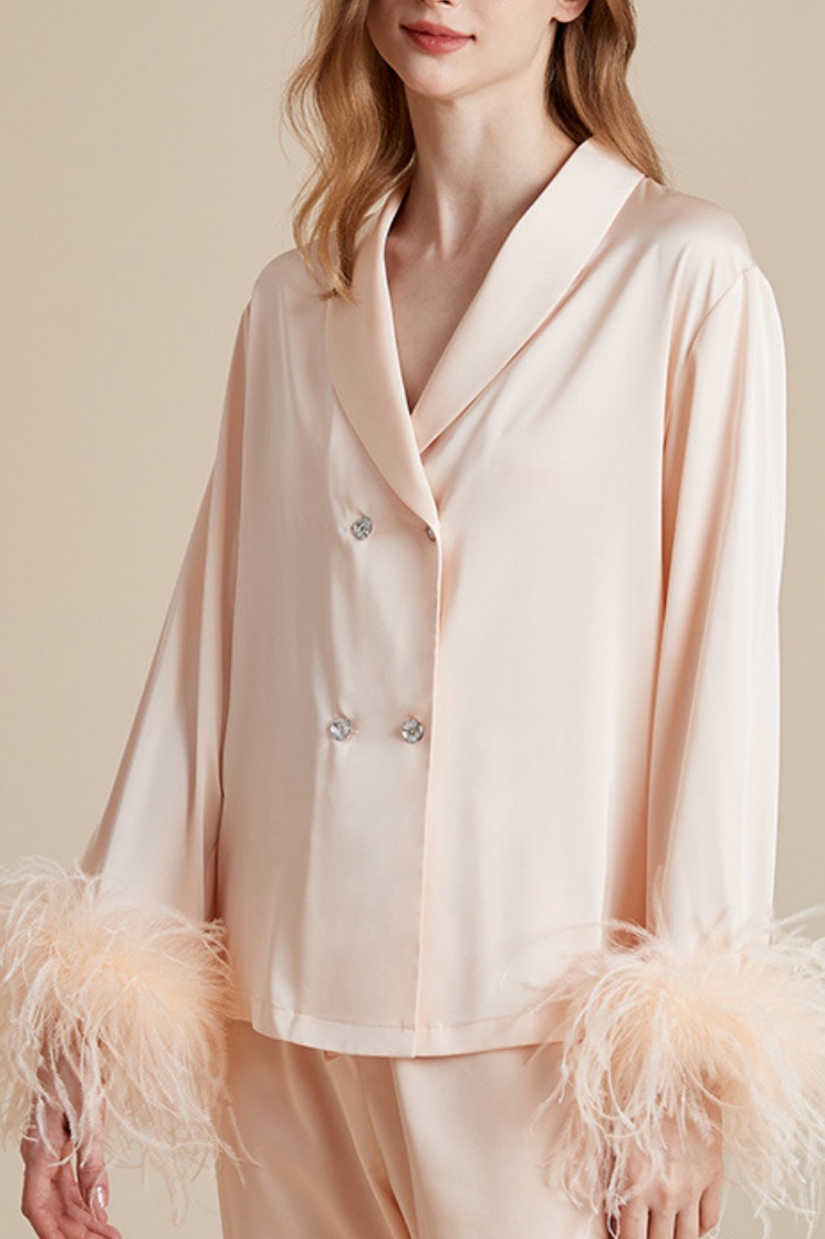Wedding Pajama Set Champagne Lapel Feather Satin Outfit Sets