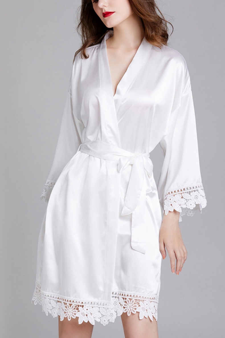 Bridesmaid Pajama Robe Pink V Neck Satin Lace Robes Gown