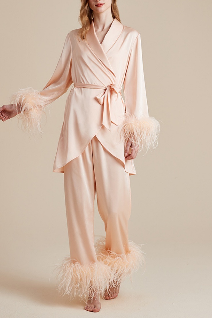 Wedding Pajama Robe Champagne V Neck Feather Satin Outfit Sets 3 Piece