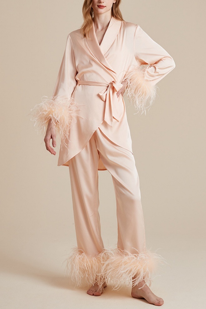 Wedding Pajama Robe Champagne V Neck Feather Satin Outfit Sets 3 Piece