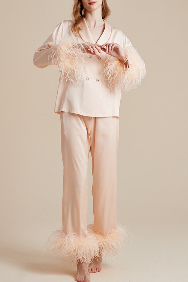 Wedding Pajama Set Champagne Lapel Feather Satin Outfit Sets