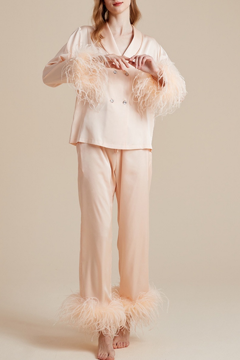 Wedding Pajama Set Champagne Lapel Feather Satin Outfit Sets