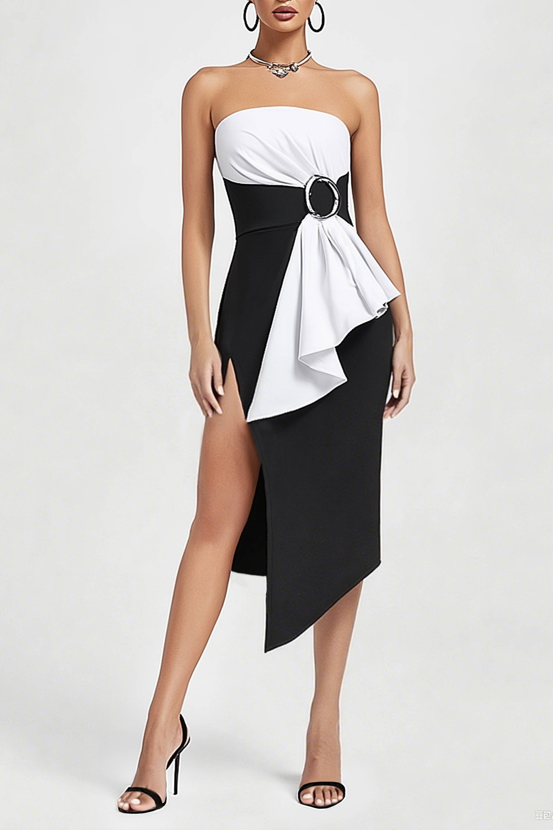 Cocktail Party Dress Black White Strapless Colorblock Midi Dress