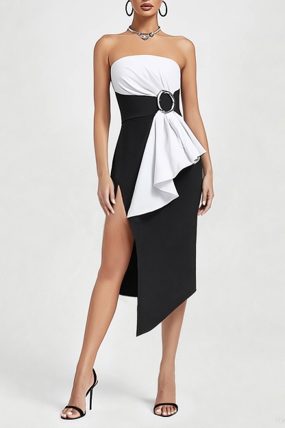 Cocktail Party Dress Black White Strapless Colorblock Midi Dress