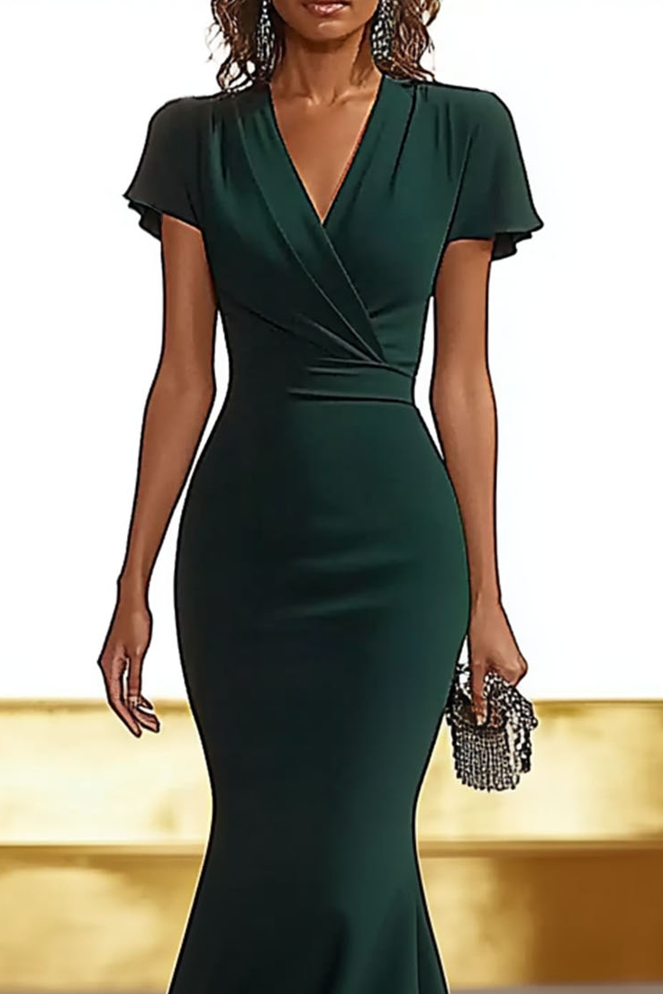 Formal Deep Green Dress V-Neck Flutter Sleeves Sheath Maxi Dress 