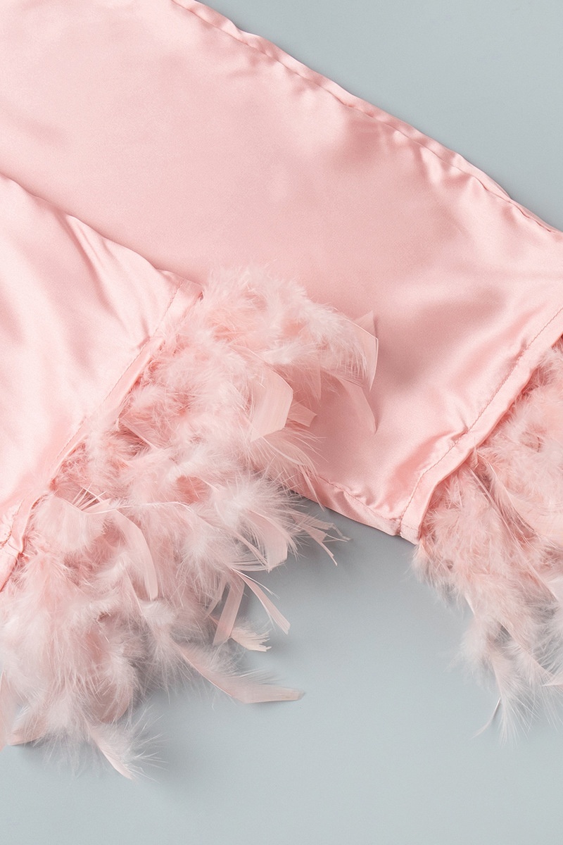 Wedding Pajama Set Pink Lapel Feather Satin Outfit Sets