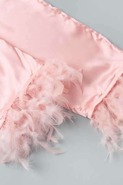 Wedding Pajama Set Pink Lapel Feather Satin Outfit Sets