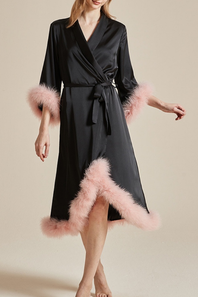 Wedding Pajama Robe Black V Neck Feather Satin Robes Gown