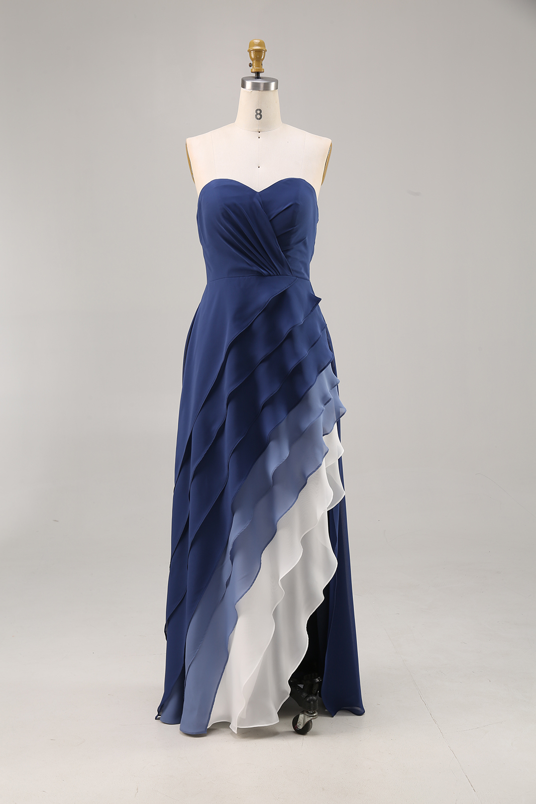 Formal Evening Dress Blue Ombre Strapless Multi-Layered Maxi Dress