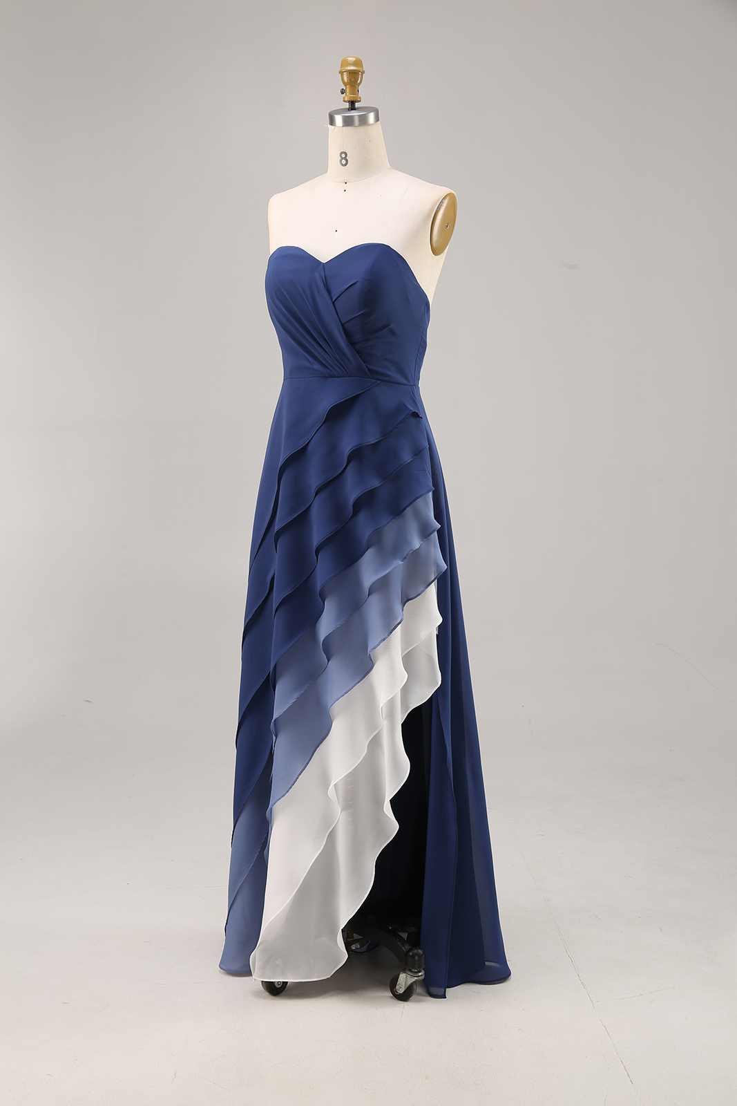 Formal Evening Dress Blue Ombre Strapless Multi-Layered Maxi Dress