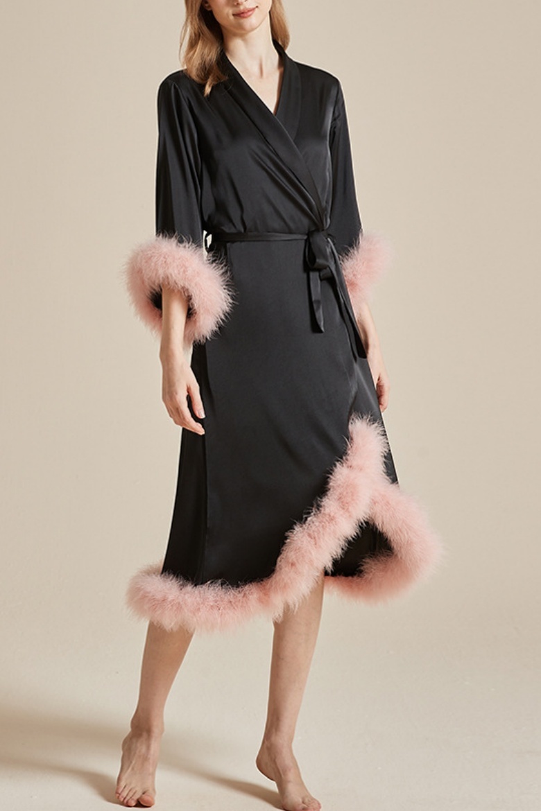 Wedding Pajama Robe Black V Neck Feather Satin Robes Gown