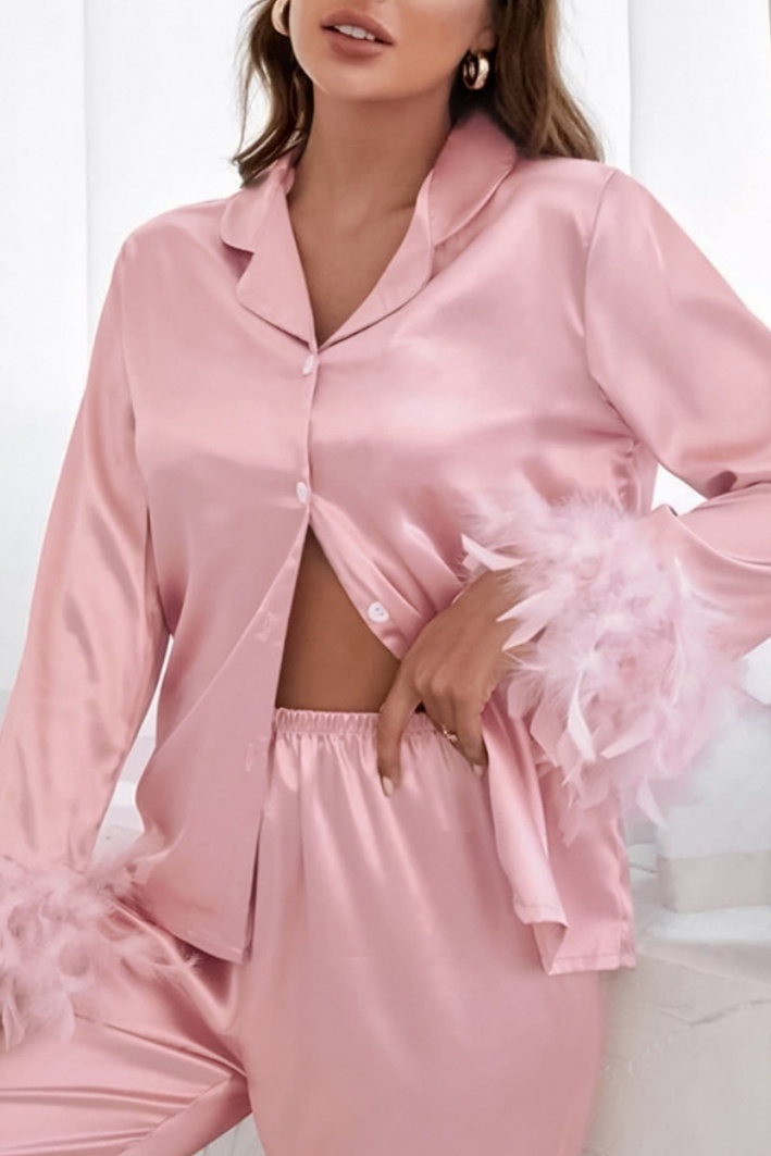 Wedding Pajama Set Pink Lapel Feather Satin Outfit Sets