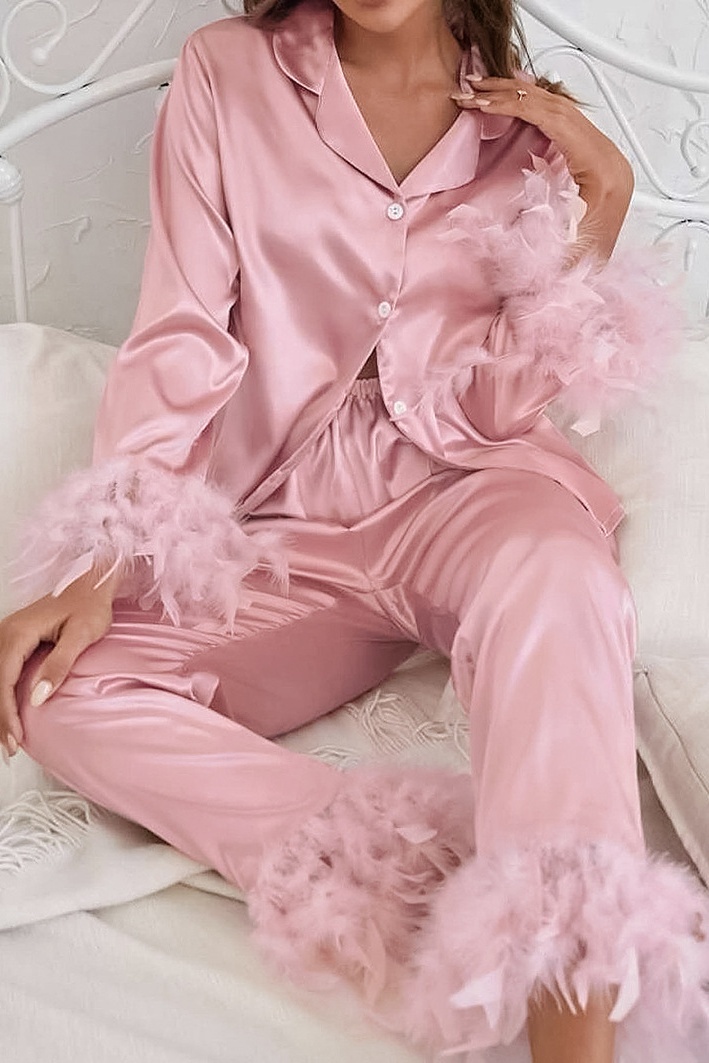 Wedding Pajama Set Pink Lapel Feather Satin Outfit Sets