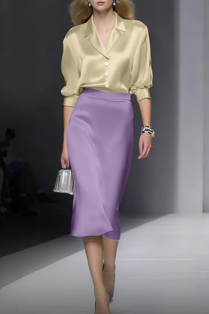 Work Suit Sets Purple Lapel Satin Skirts Set