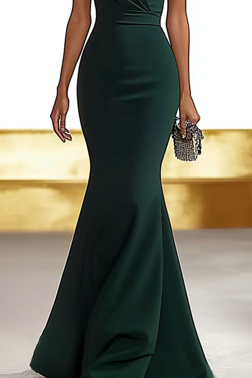 Formal Deep Green Dress V-Neck Flutter Sleeves Sheath Maxi Dress 