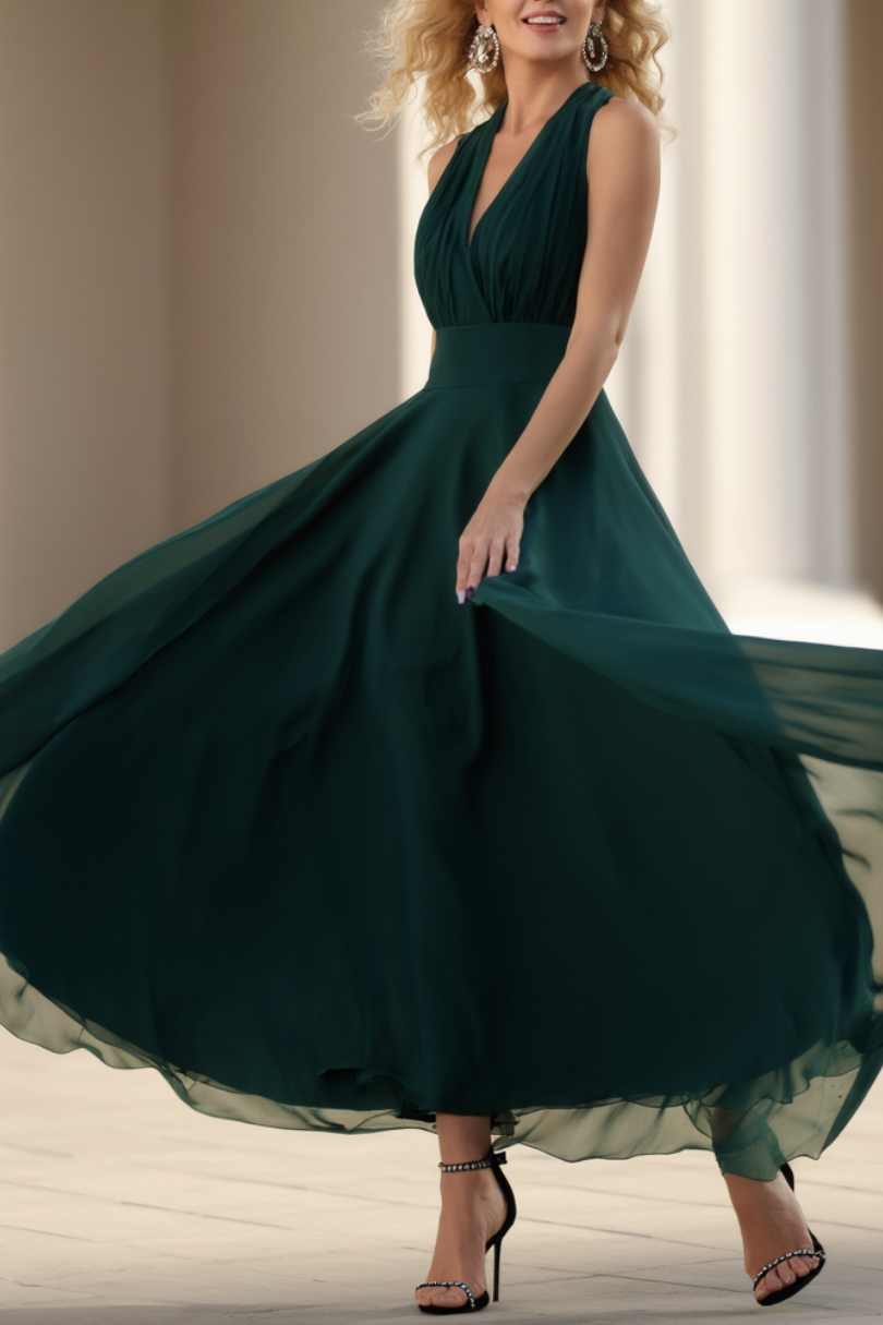 ​Semi Formal​ Party ​​Swing Dress​ Dark Green V Neck Maxi Dress