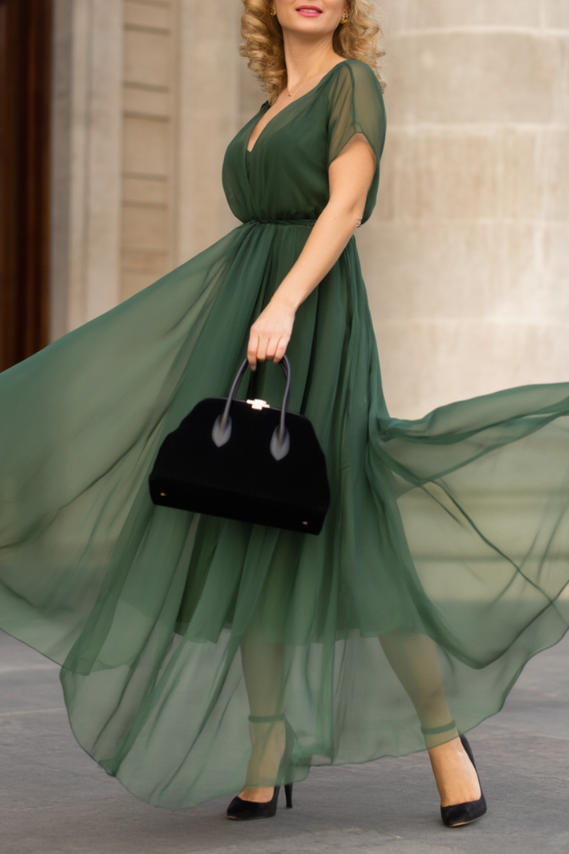 ​Semi Formal​ Party ​​Swing Dress​ Green V Neck Maxi Dress