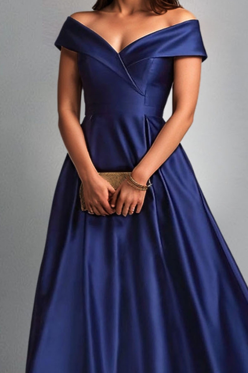 Prom Navy Blue Satin Dress Off  Shoulder Neckline High-Low Dress