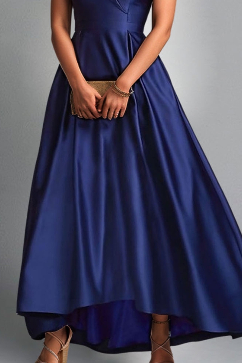 Prom Navy Blue Satin Dress Off  Shoulder Neckline High-Low Dress