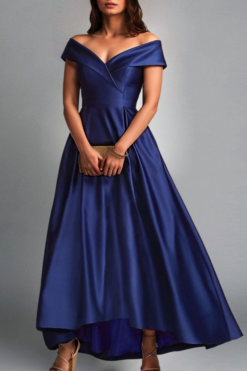 Prom Navy Blue Satin Dress Off  Shoulder Neckline High-Low Dress
