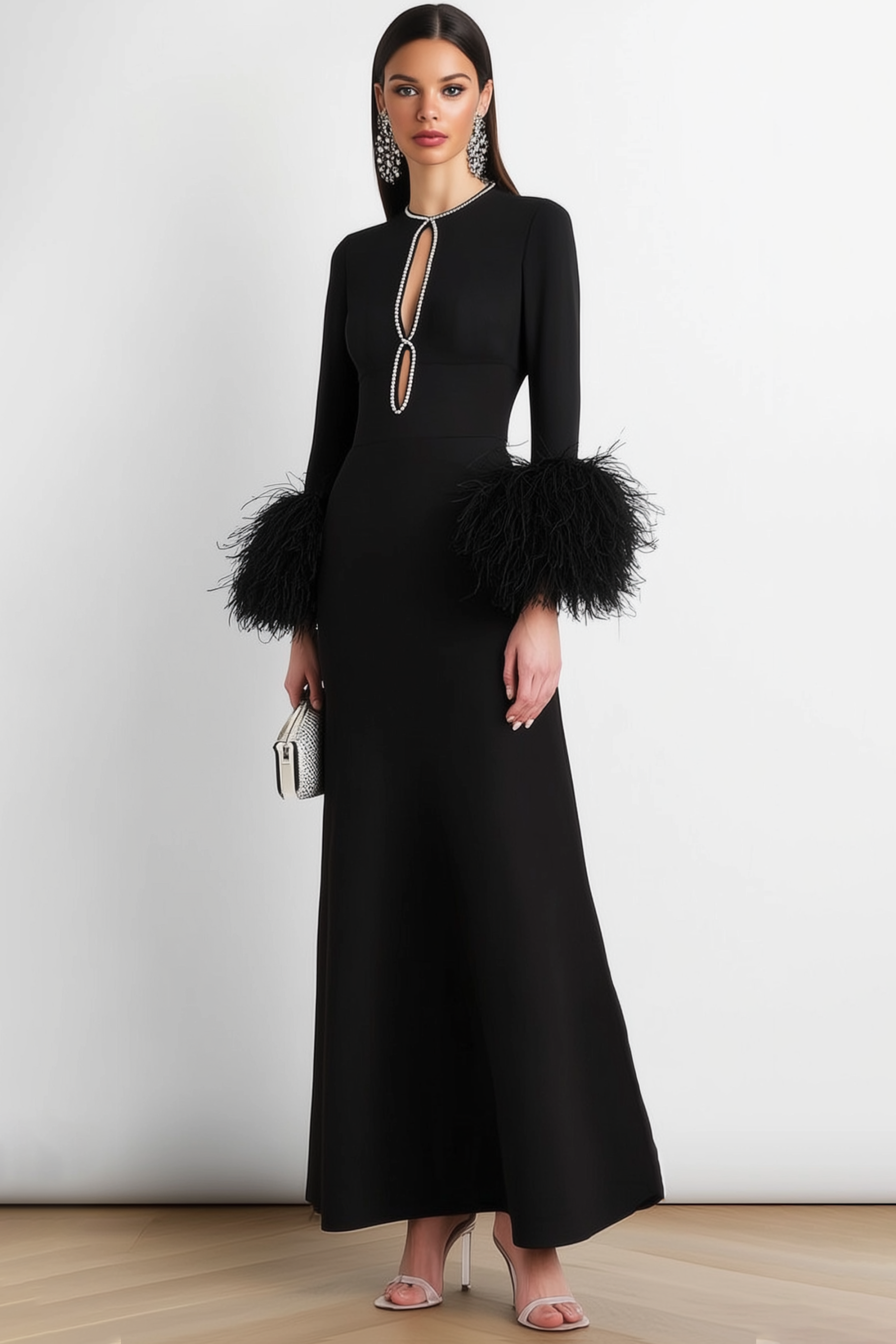 Formal Evening Dress Black Crew Neck Long Sleeve Maxi Dress