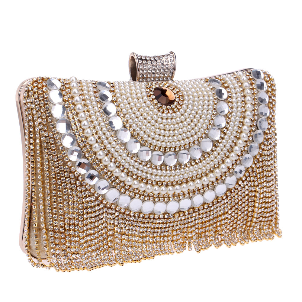 Imitation Pearl Diamond-Studded Party Tassel Fringe Bag Shiny Chain Handbag