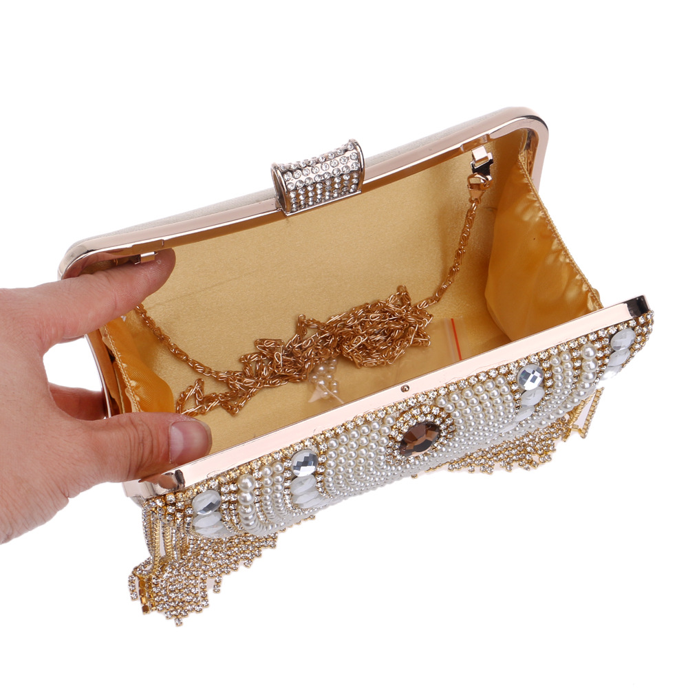 Imitation Pearl Diamond-Studded Party Tassel Fringe Bag Shiny Chain Handbag