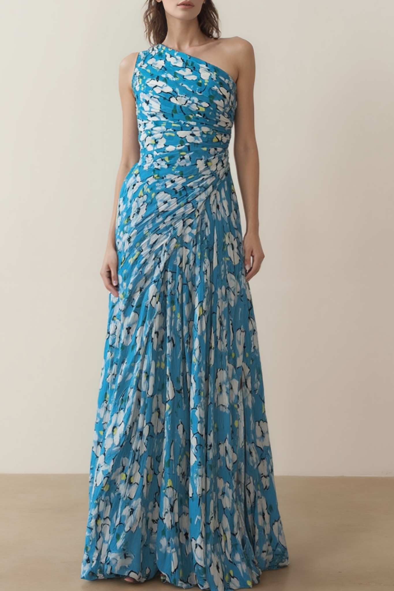 Vacation Dress​​ Blue One Shoulder Floral Print Floor-Length Dress