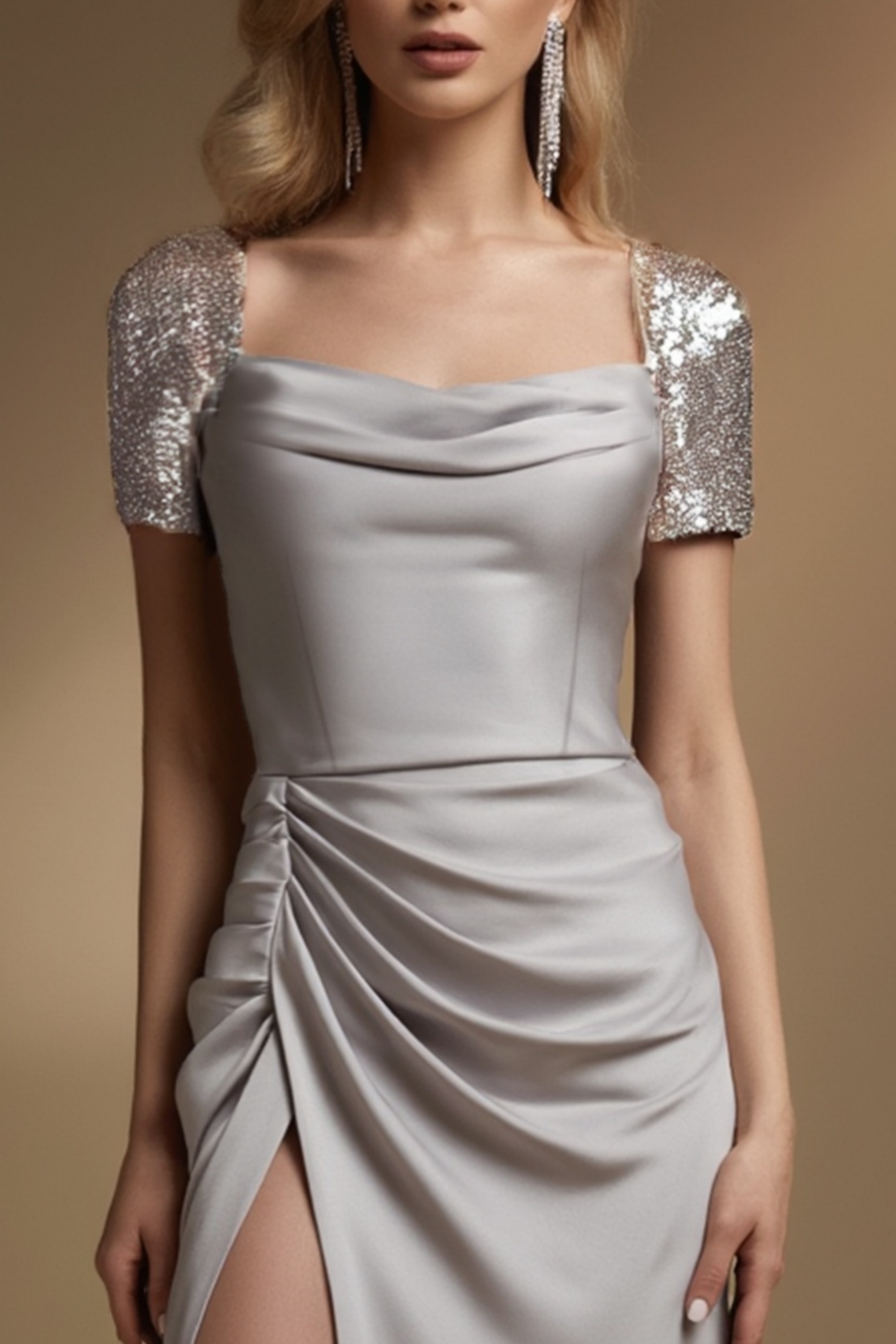Evening  Formal Dress​​ Silver Square Neck Maxi Length Sequin Dress