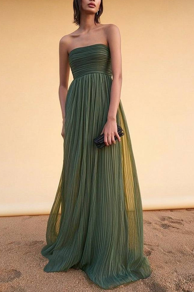 Formal Evening Dress Green Strapless Pleated Maxi Dress
