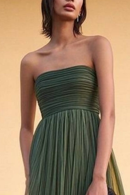 Formal Evening Dress Green Strapless Pleated Maxi Dress