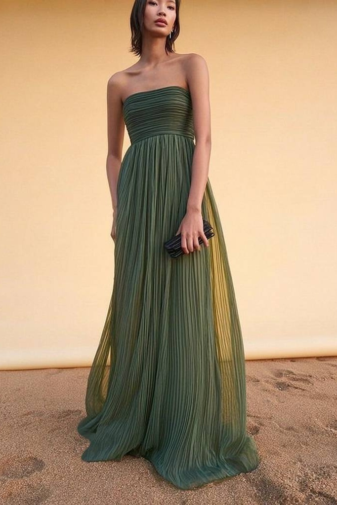 Formal Evening Dress Green Strapless Pleated Maxi Dress