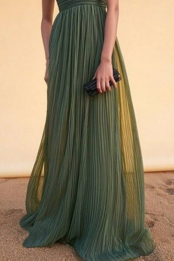 Formal Evening Dress Green Strapless Pleated Maxi Dress