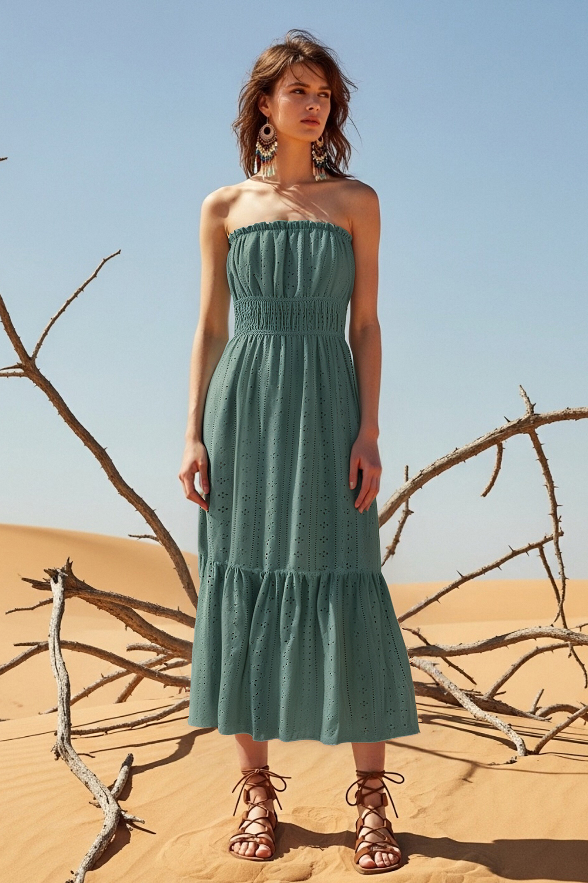 Bohemian Holiday Dress Green Sleeveless Midi Dress