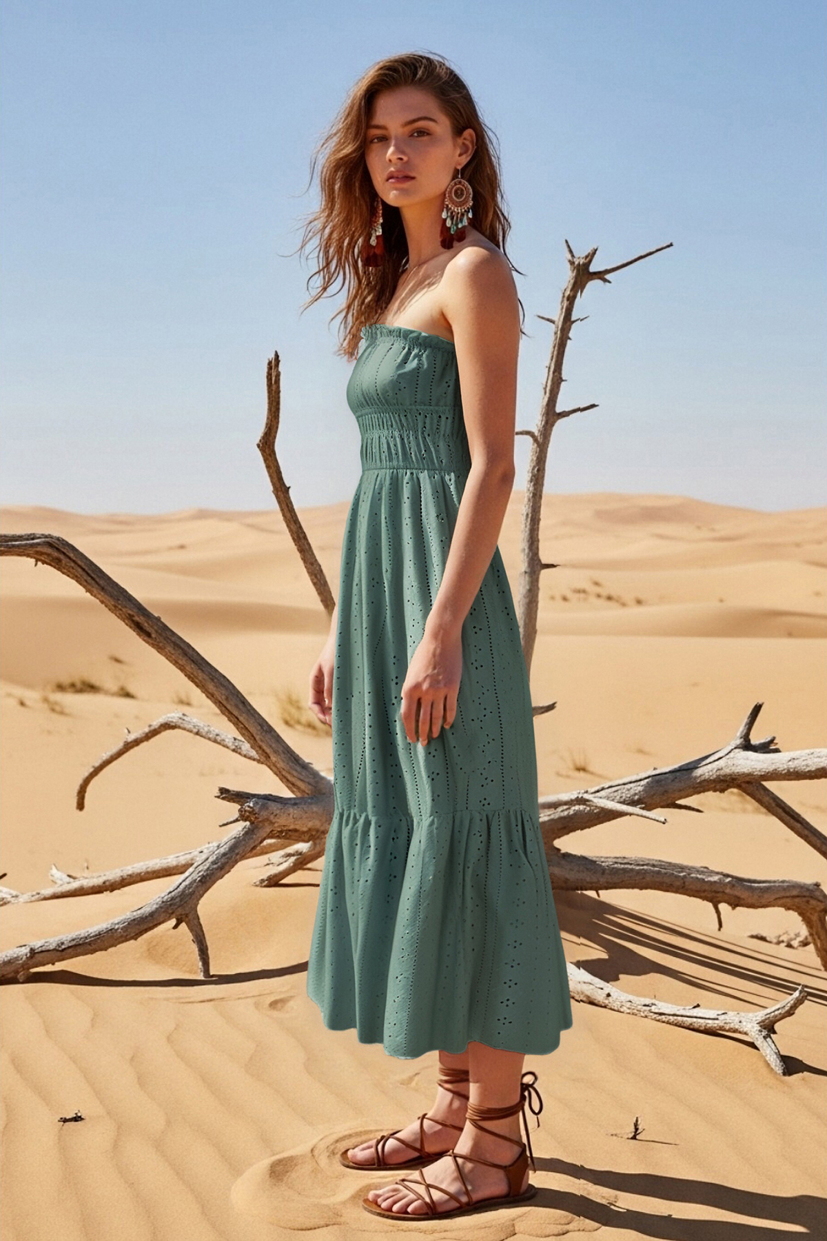 Bohemian Holiday Dress Green Sleeveless Midi Dress