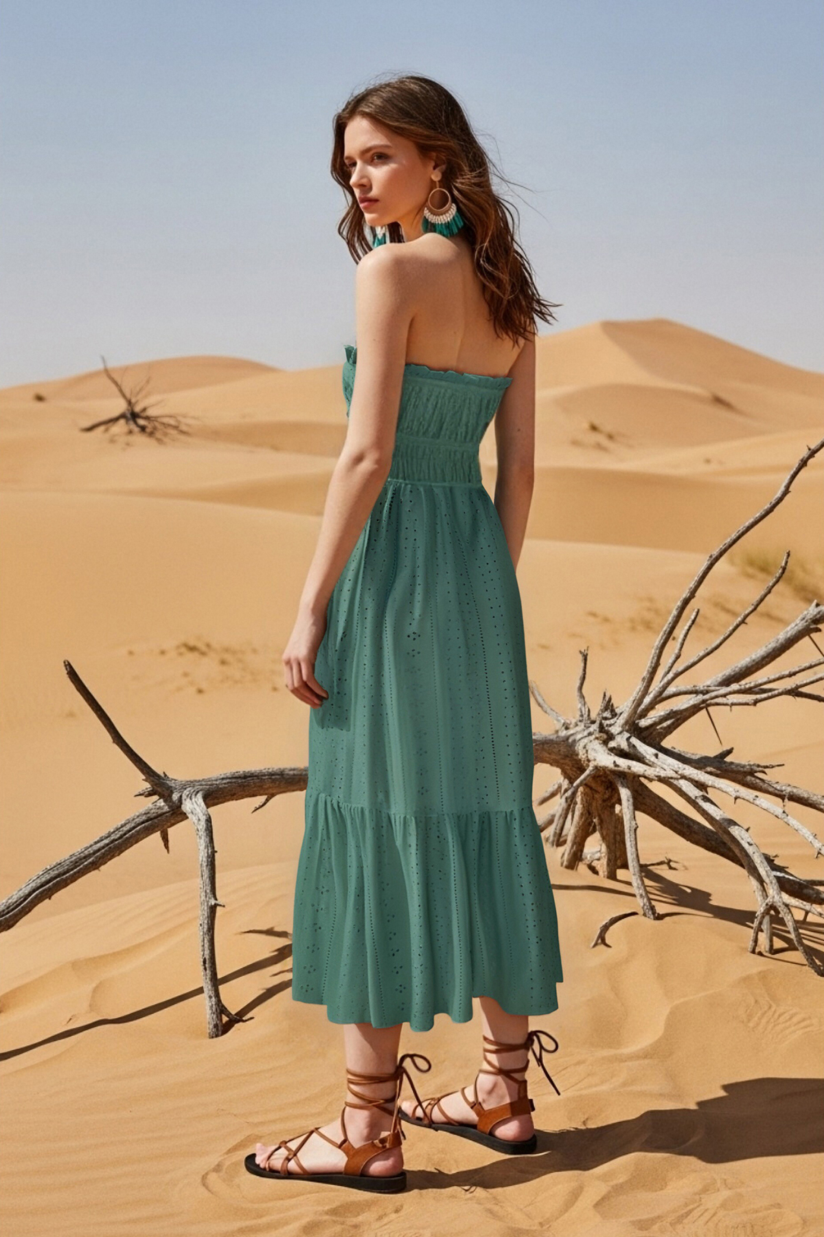 Bohemian Holiday Dress Green Sleeveless Midi Dress