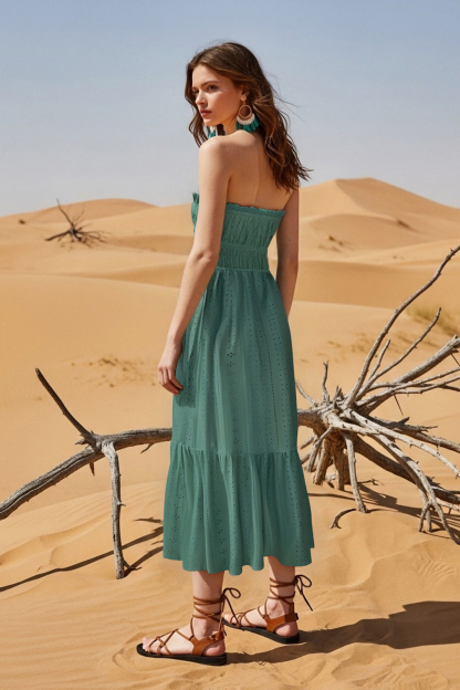 Bohemian Holiday Dress Green Sleeveless Midi Dress