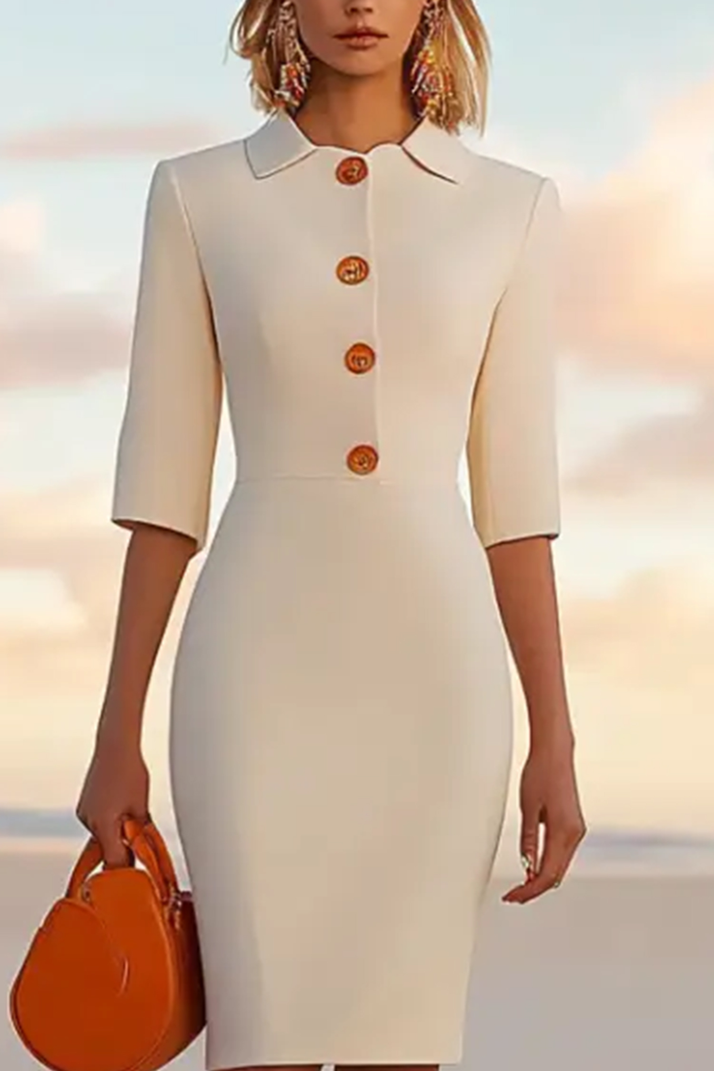 Work Semi-Formal White Dress Long Sleeve Bottoned Lapel Midi Dress