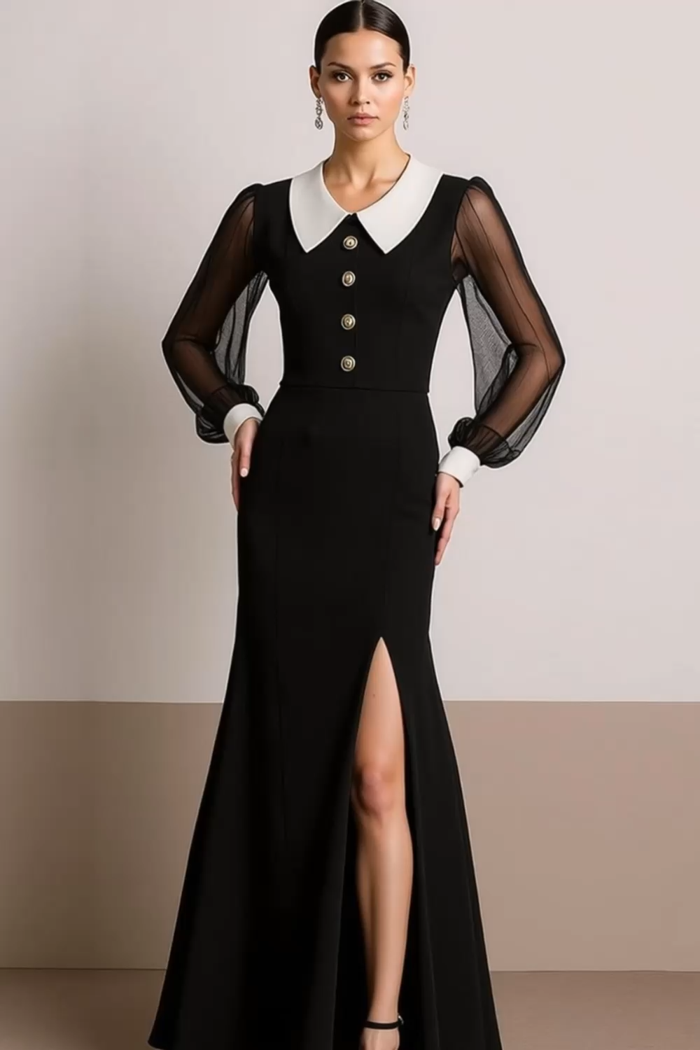 Formal Dress Black Crew Neck Long Sleeves Maxi Dress with Slit