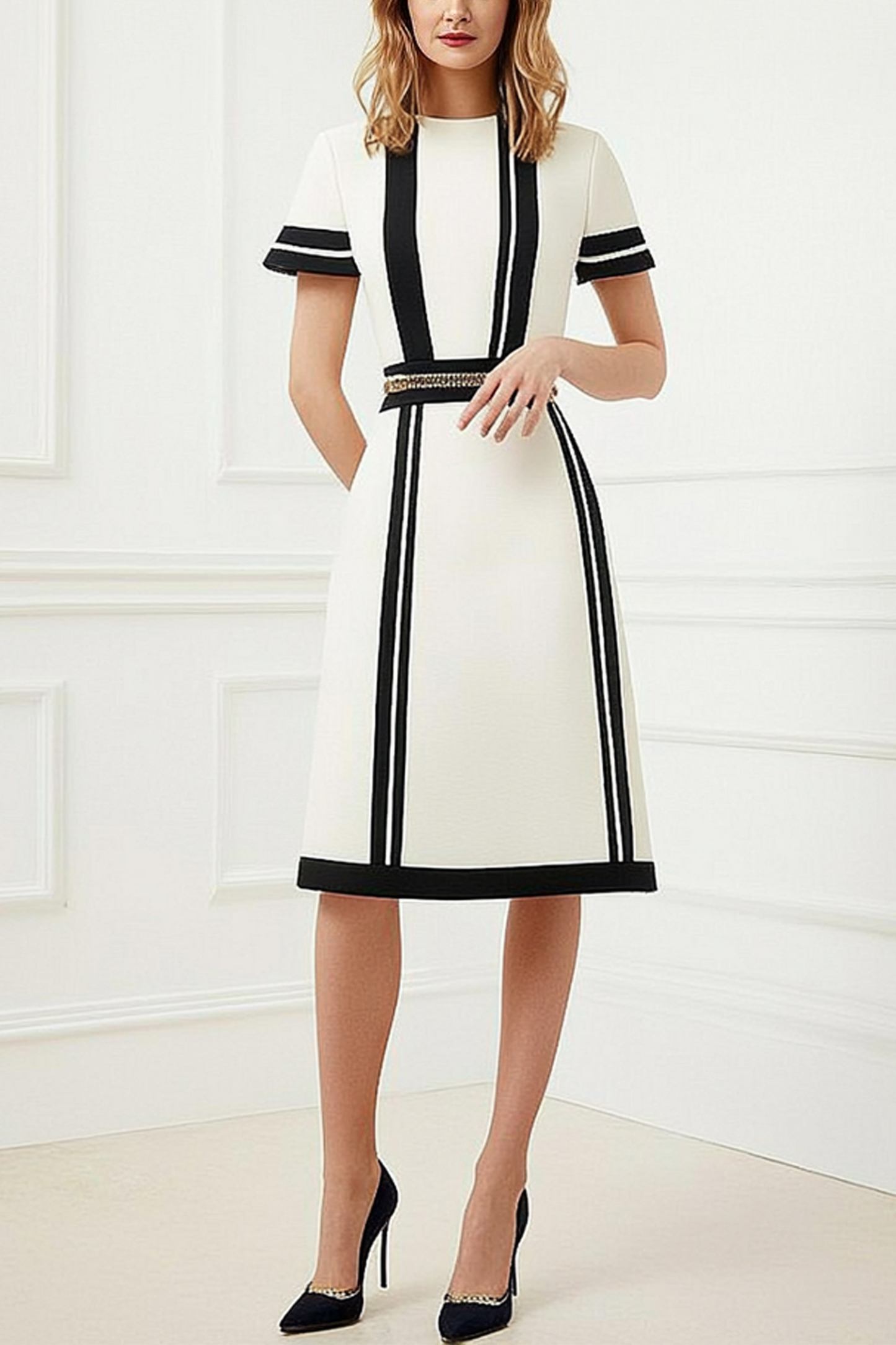 Semi-Formal Work Dress Black and White Colorblock Short Sleeve Midaxi