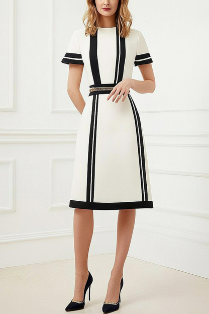 Semi-Formal Work Dress Black and White Colorblock Short Sleeve Midi Dress