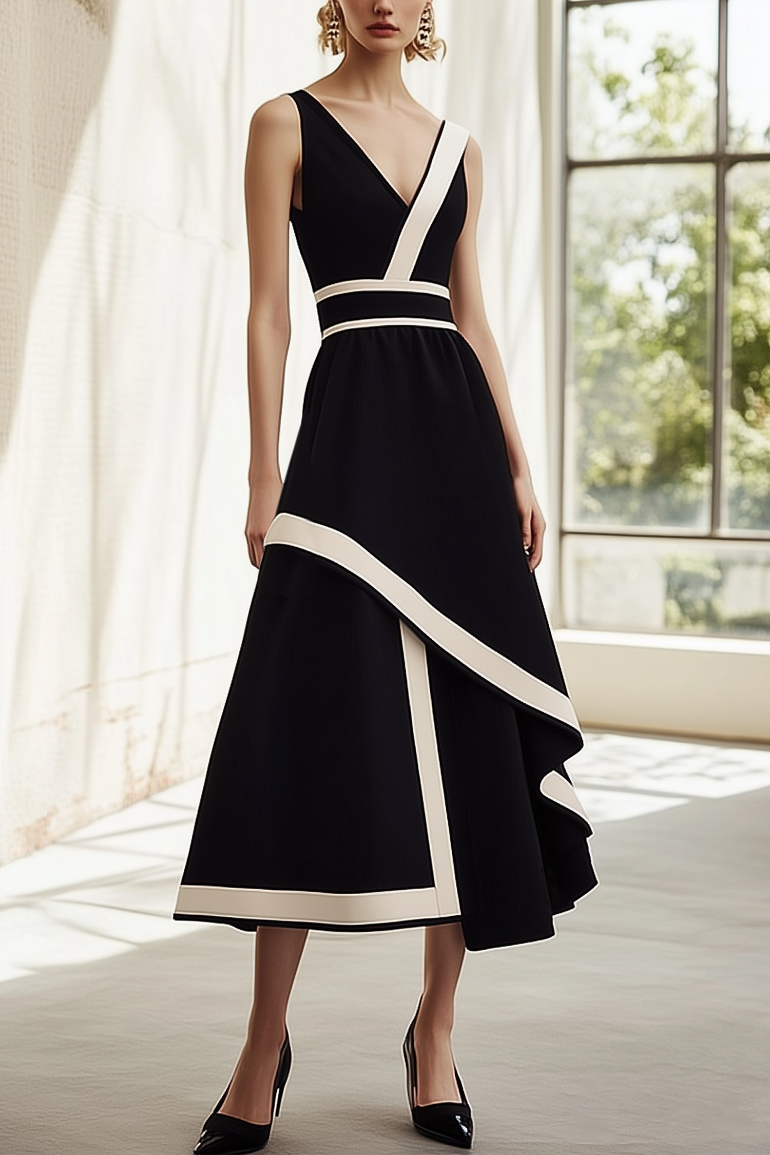 Black and White Checkered Hi-Lo V-Neck Dress with Side Slit