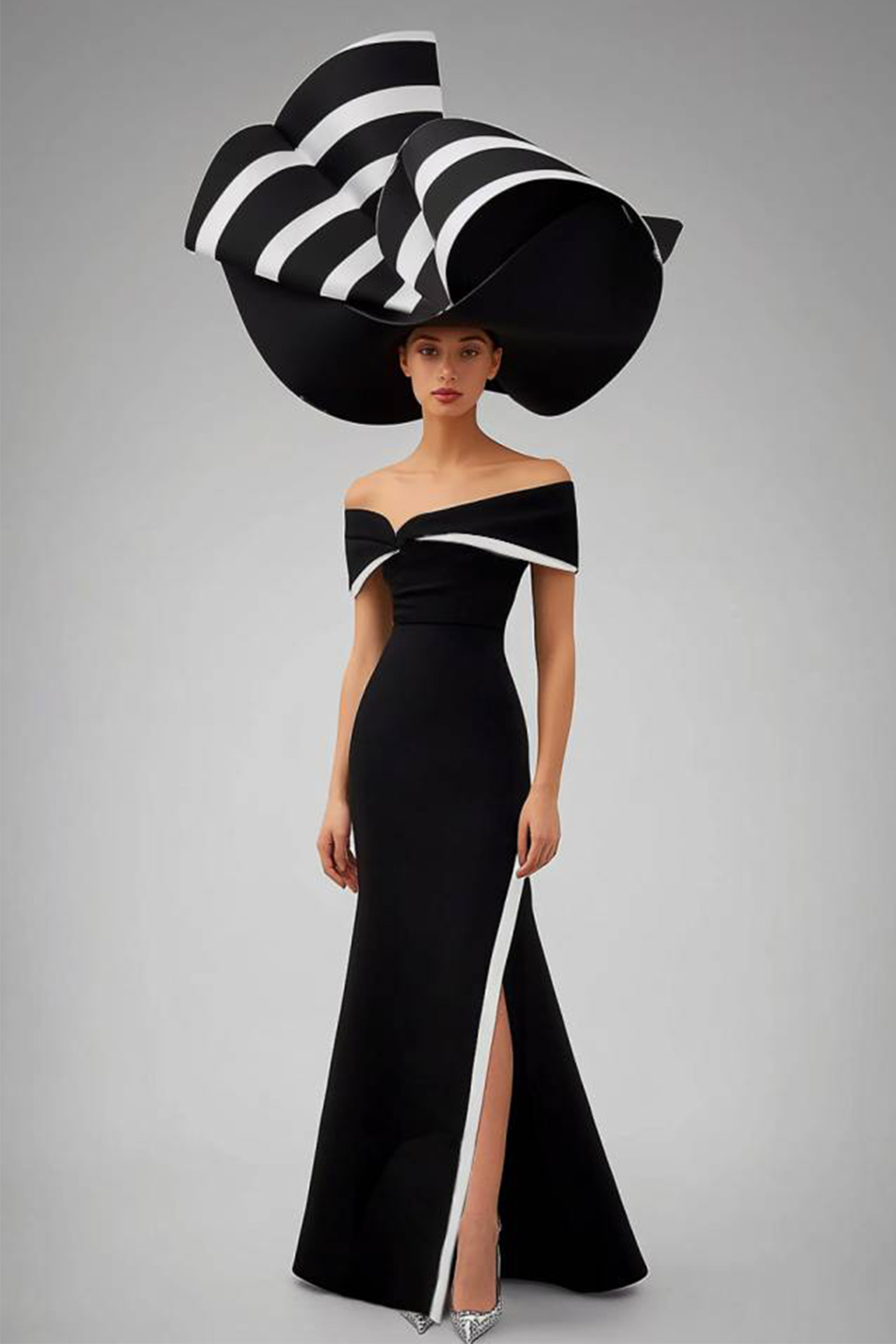 Prom Evening Dress Black and White Off Shoulder High Slit Maxi Dress
