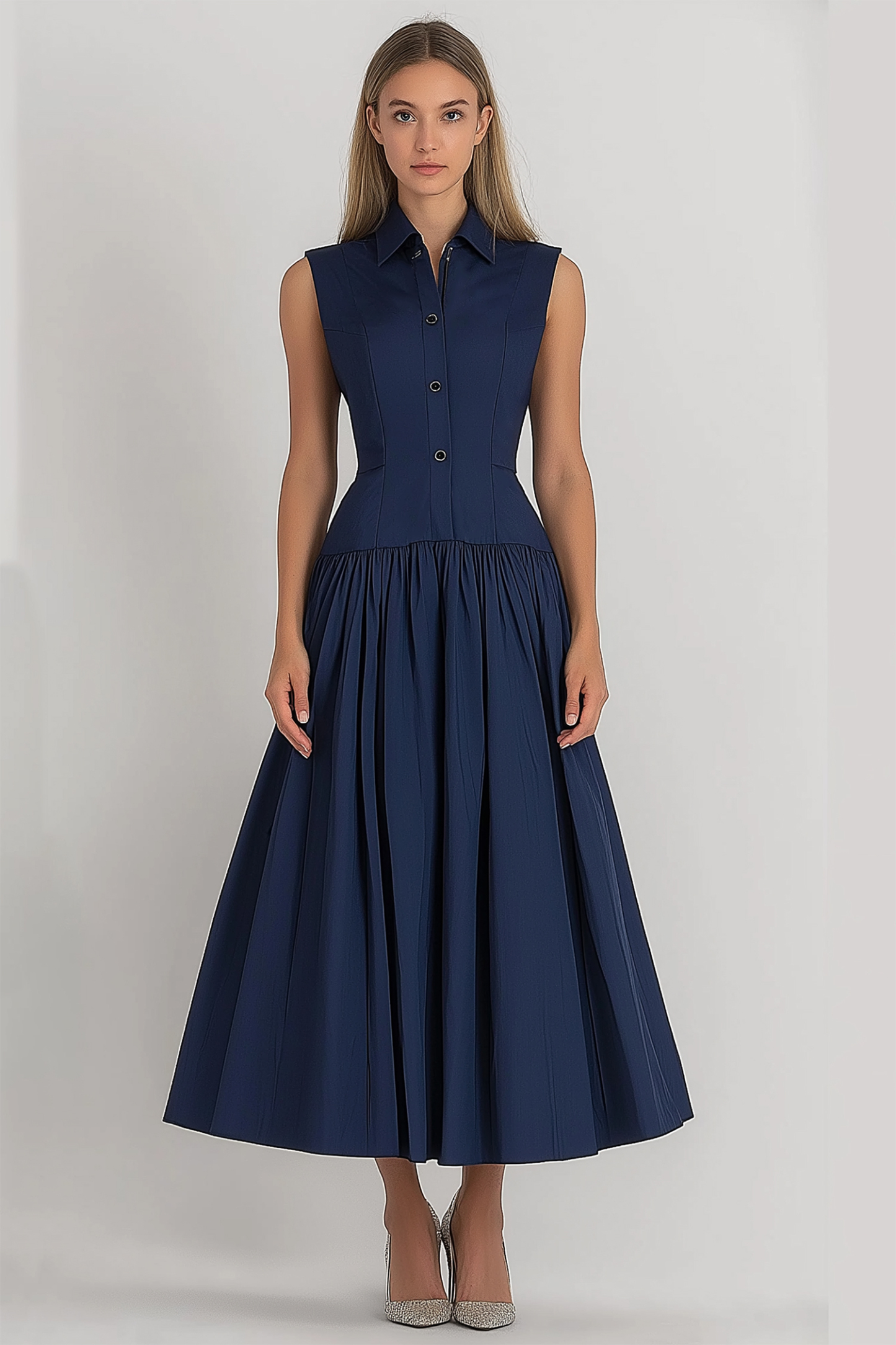 Daily Casual Dress Sleeveless Buttoned Lapel Dark Blue Maxi Dress