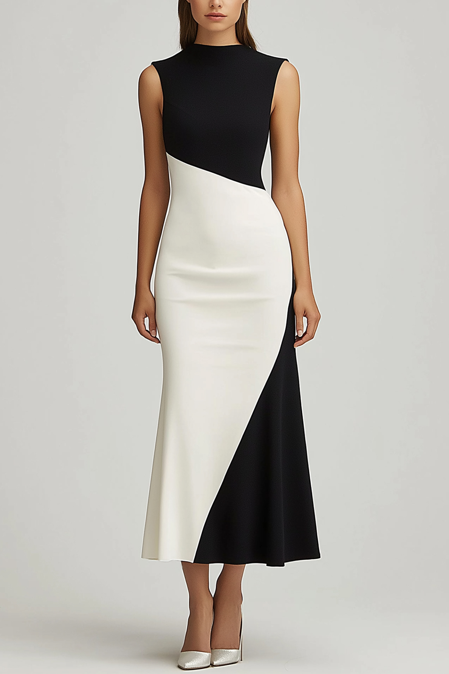 Prom Party Dress Sleeveless Black and White High Neck Maxi Dress
