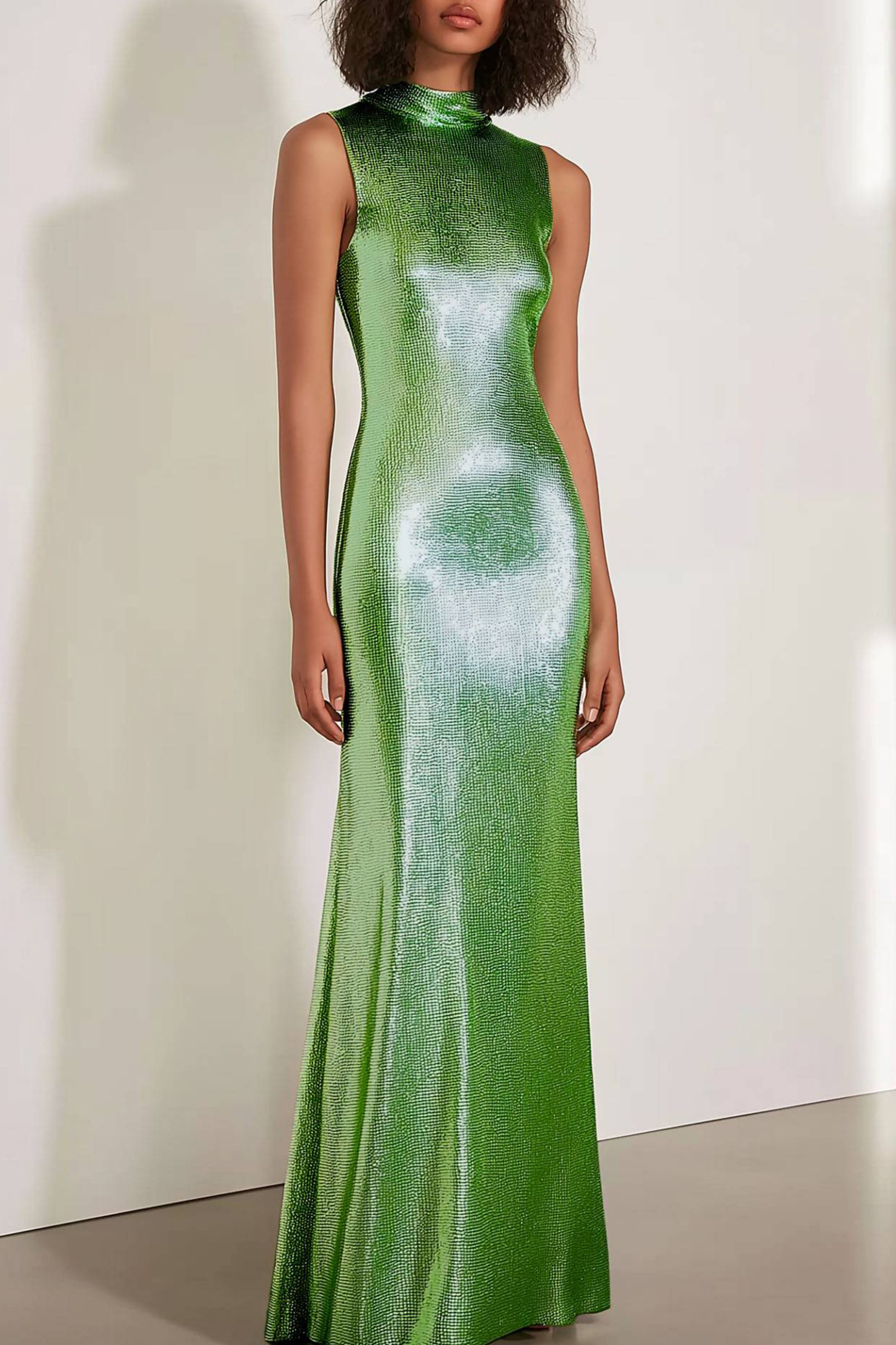 Prom Evening Dress High Neck Sequin Green Maxi Dress