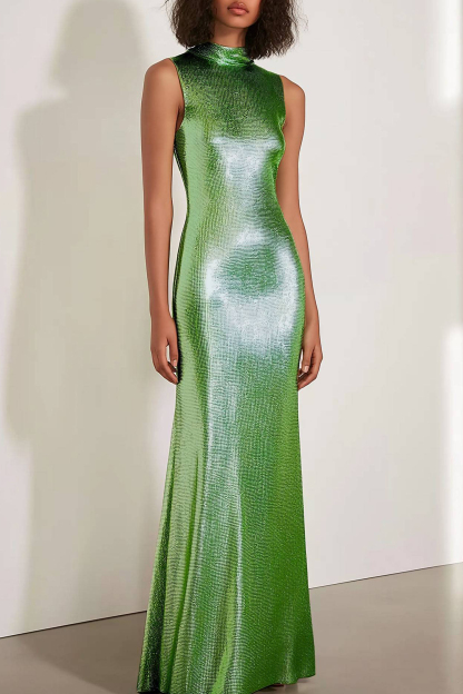 Prom Evening Dress High Neck Sequin Green Maxi Dress