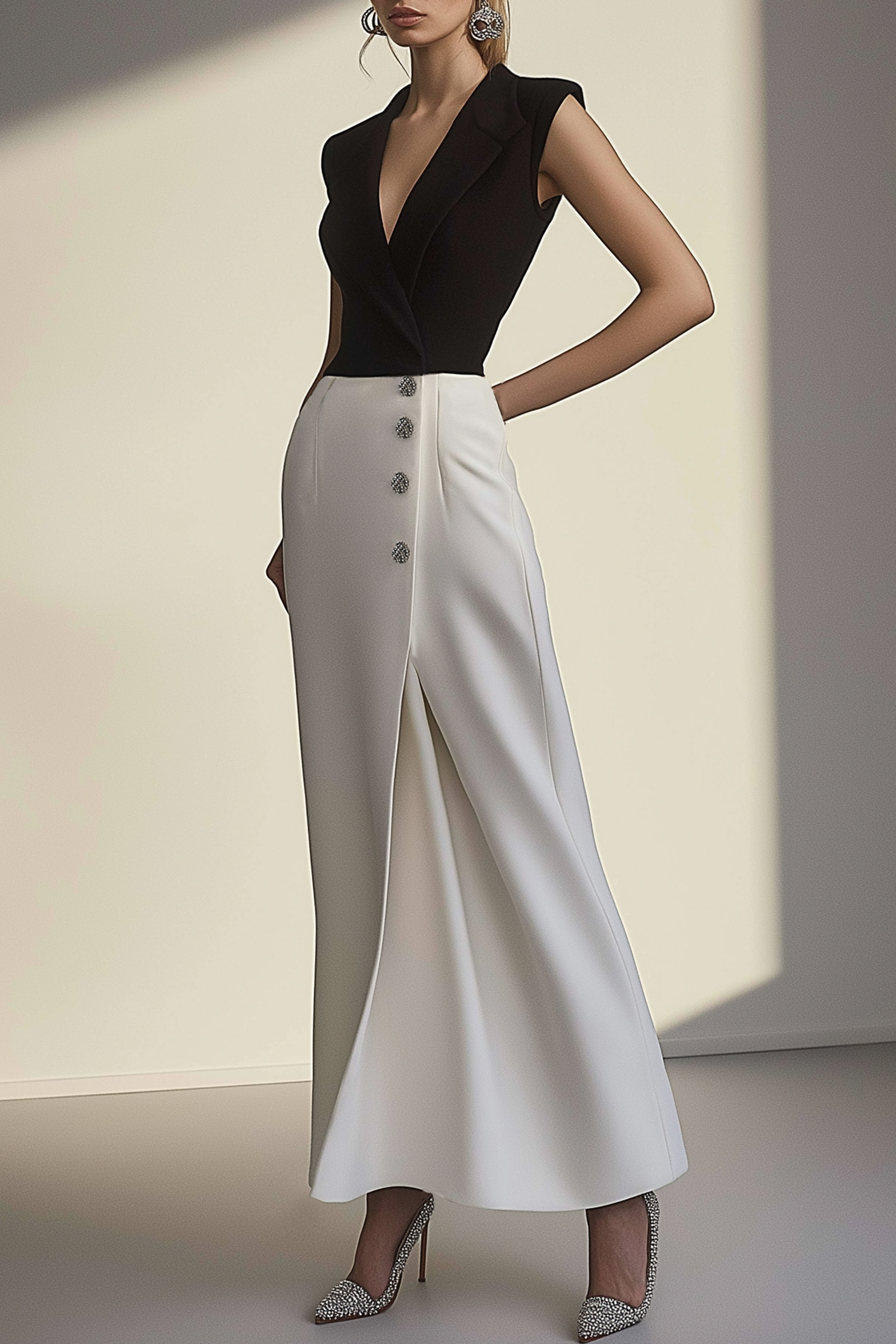 Black and white sleeveless blazer work dress maxi length